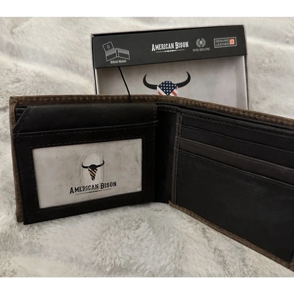 AMERICAN BISON Wallet Genuine Brown Leather RFID Bifold Tin Logo NEW